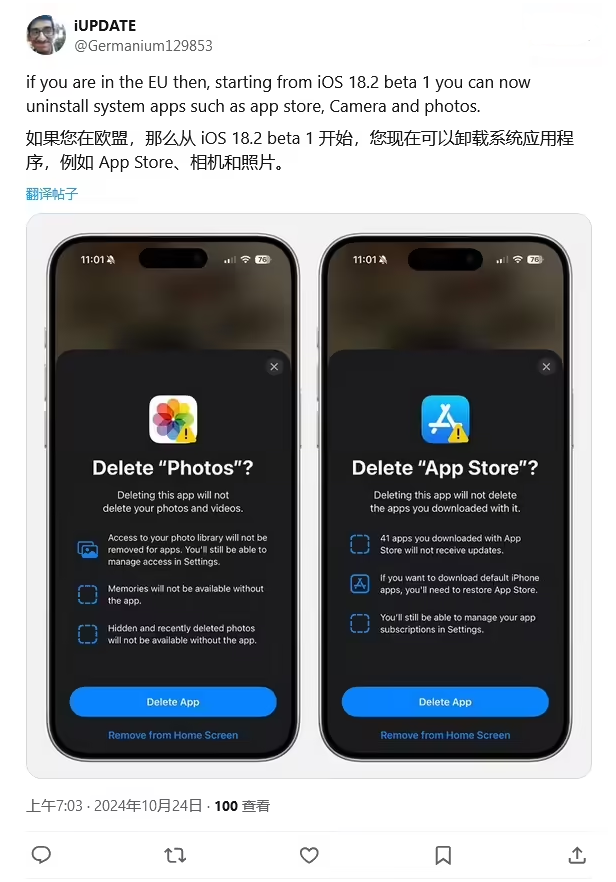 文登苹果手机维修分享iOS 18.2 支持删除 App Store 应用商店 